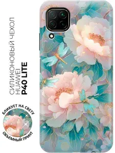 Силиконовый чехол на Huawei P40 Lite с принтом "Пионы и стрекозы"