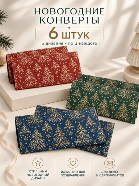 Конверты для денег новогодние, набор 6 штук