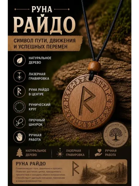 Подвеска руна Райдо из натурального дерева