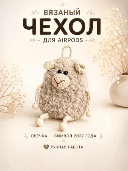 Вязаный чехол-овечка для airpods и наушников Мираснейк