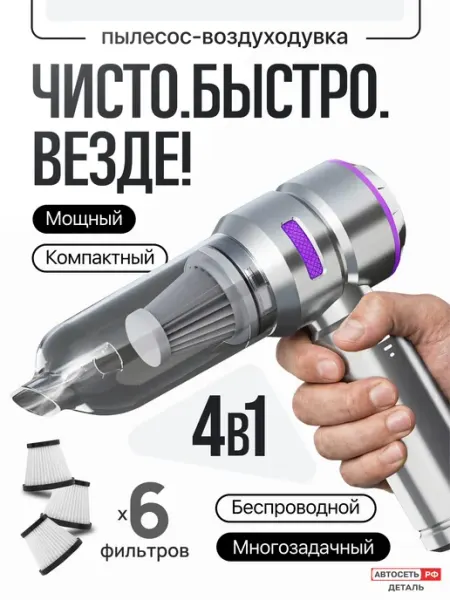 Пылесос для автомобиля беспроводной мощный с насадками 4в1 suitu