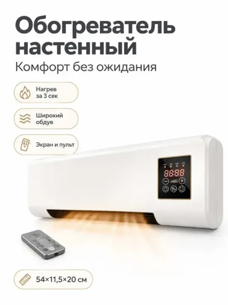 Тепловентилятор настенный для дома с пультом ДУ 1800Вт