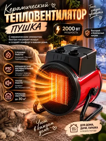 Тепловая пушка электрическая 2000 Вт, обогреватель для дома