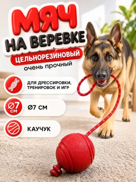Игрушка для собак мяч для собак резиновый на веревке PETSTEP