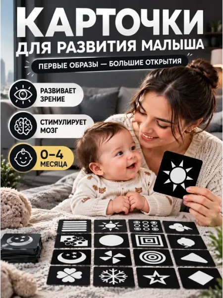 Развивающие черно белые карточки для новорожденных детей