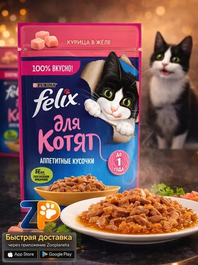 Влажный корм Felix для котят, курица в желе (5шт)