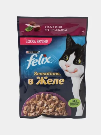 Влажный корм Felix для кошек, утка в желе со шпинатом, 75 гр
