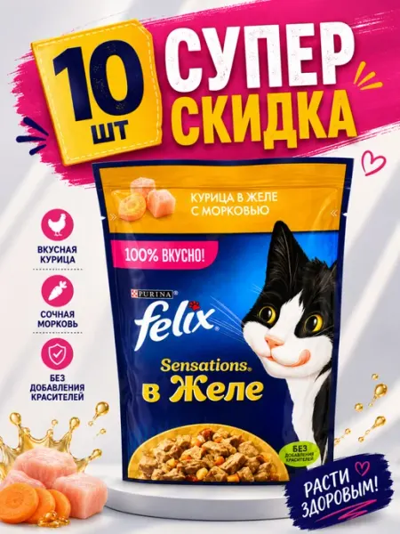 Влажный корм Felix с курицей и морковью в желе (10 штук)