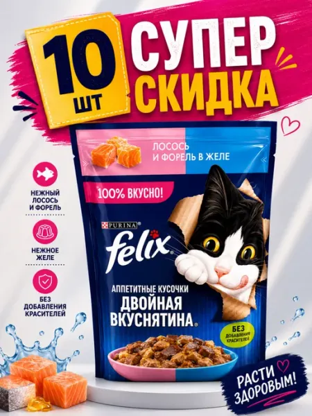 Влажный корм Felix лосось и форель в желе (10 штук)