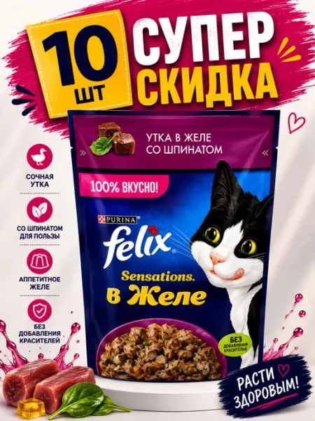 Влажный корм Felix утка в желе со шпинатом (10 штук)