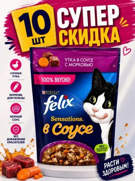 Влажный корм Felix утка в соусе с морковью (10 штук)