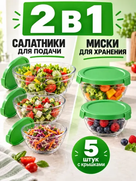 Набор стеклянных мисок с крышками, 5 шт Argudara Tableware