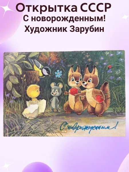 Открытки СССР Открытка СССР С новорожденным! Художник Зарубин Белочки