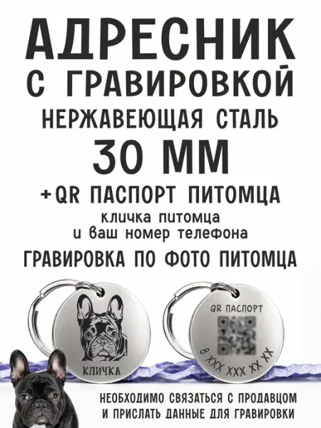 Адресник для собак и кошек с гравировкой По Фото и QR 30 мм LUNAWOLF