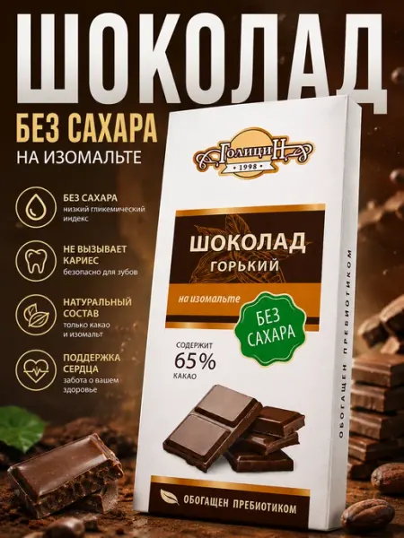 Шоколад горький диабетический на изомальте 60г Голицин