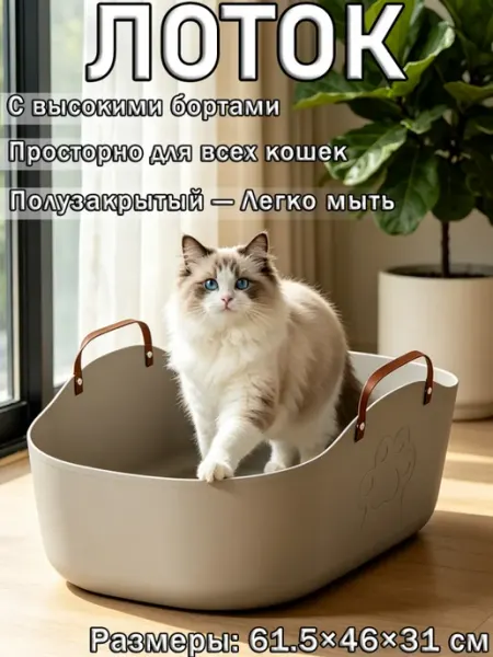 Лоток для кошек с кожаными ручками бортиком
