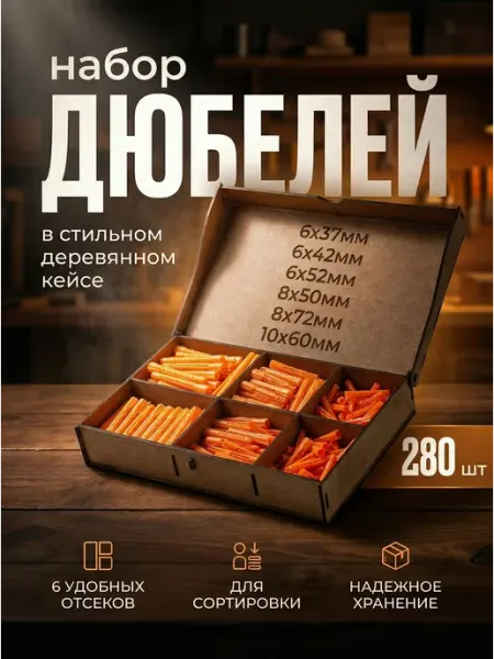 Дюбели набор в банках 6х37, 6х42, 6х52, 8х50, 8х72, 10х60 Микс.