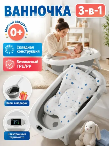 Складная ванночка детская с матрасиком и ковшом Intime plastic