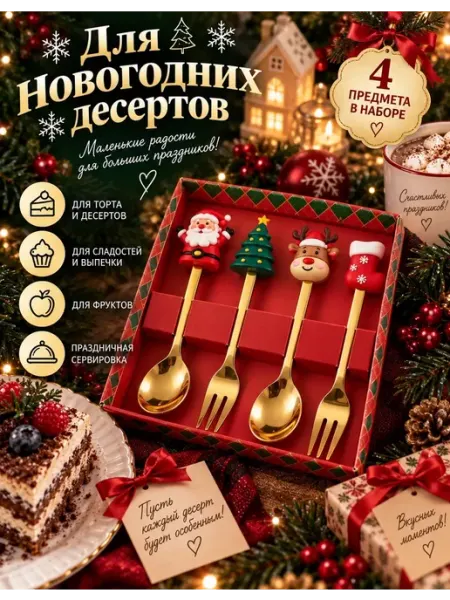 Новогодний набор десертных ложек и вилок 4 предмета