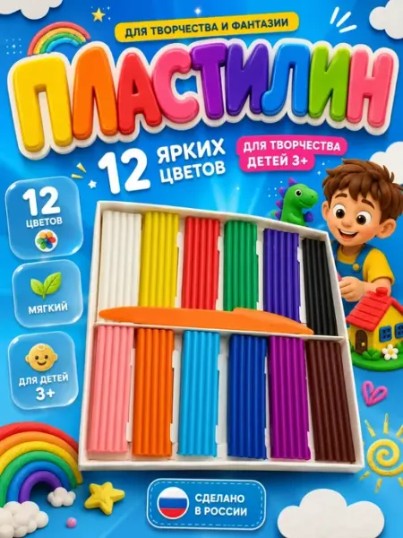 Пластилин восковой мягкий для школы 12 цветов КСАНДРА