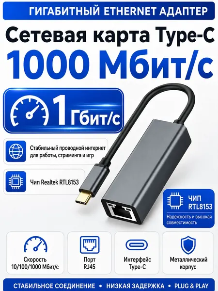 Сетевая карта Ethernet адаптер переходник Type C LAN Rj45 100/1000 Mbps (Металлический корпус) для интернет кабеля (Внешняя сетевая карта для ноутбука Type C RJ45, 1 Гигабит)