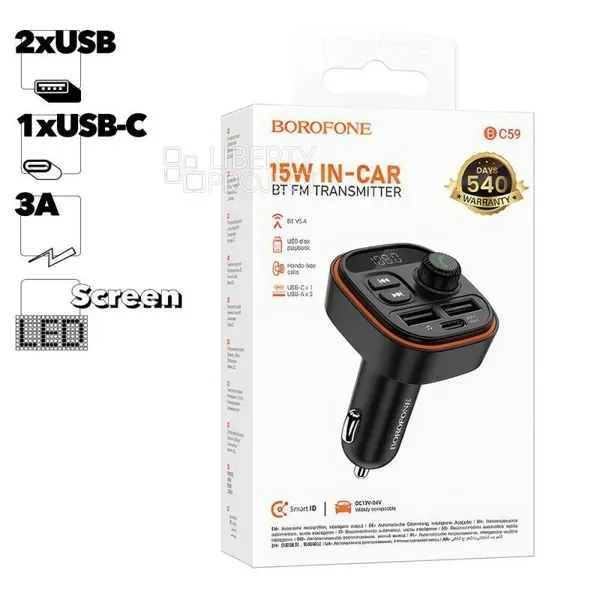 Borofone BC59, FM-трансмиттер Bluetooth, 2 USB, Type-C PD38Вт, TF, QC3.0, дисплей, пластик, черный