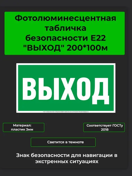 Фотолюминесцентный знак табличка безопасности Е22 выход 200*100мм, пластик 3мм