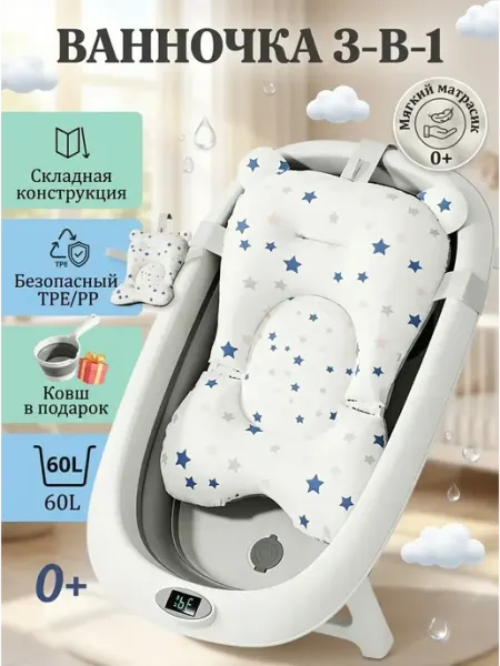 Складная ванночка для купания малышей с матрасиком 0+ CANDY BABY