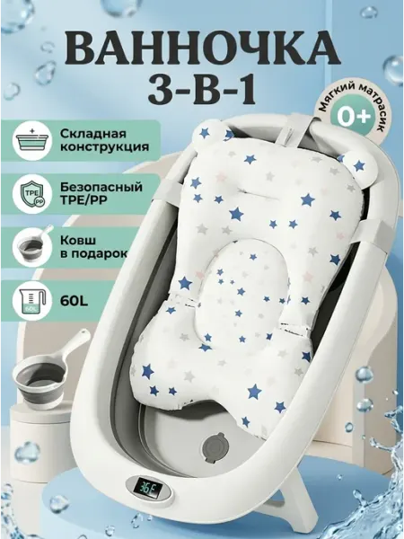Детская ванночка складная с термометром и ковшом 60 л CANDY BABY