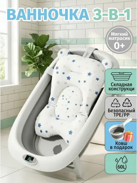 Складная ванночка для купания малышей с термометром CANDY BABY