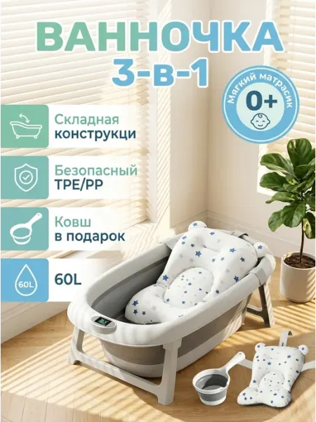 Складная детская ванночка с термометром и матрасом CANDY BABY