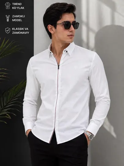 Для малчики белая рубашка на молнии классическая с длинным рукавом slim fit