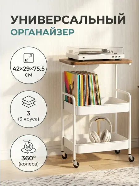 Удобная тележка на колесах со столешницей белая 3 полки Стеллажи для дома