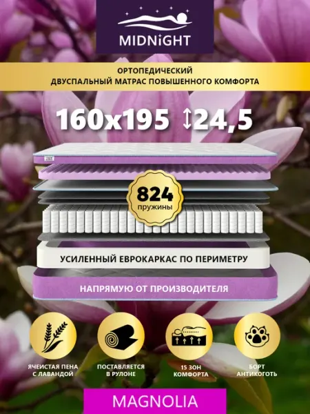 Матрас 160х195 ортопедический пружинный на кровать MIDNIGHT