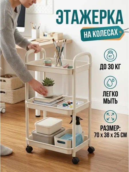 Полка кухонная 3 яруса этажерка на колесах пластик GOOD HOME