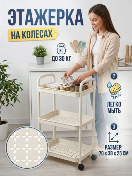 Этажерка пластиковая напольная 3 яруса для кухни MebelPRO