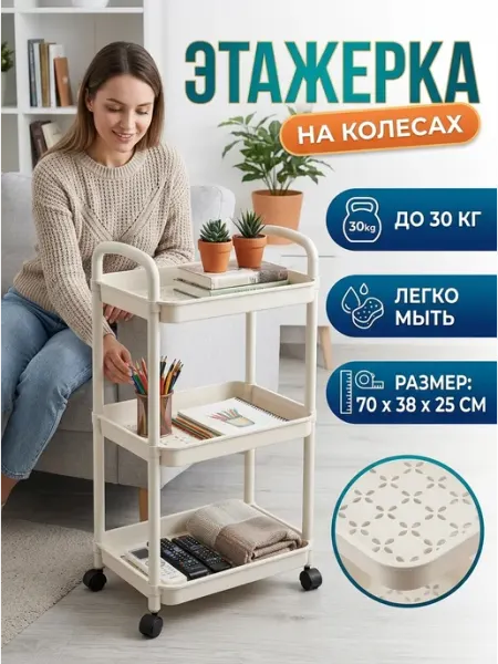 Этажерка на колесиках кухонная полка пластик 3 яруса STRONG металлические стеллажи