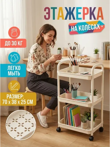 Полка для кухни передвижная этажерка пластик колеса STRONG металлические стеллажи