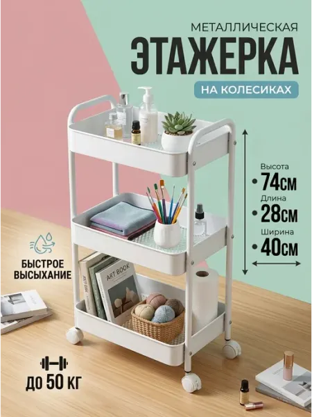 Этажерка тележка передвижная стеллаж металл белый Homemart