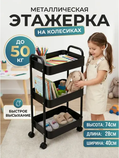 Стеллаж черный напольный этажерка металл колесики MebelPRO