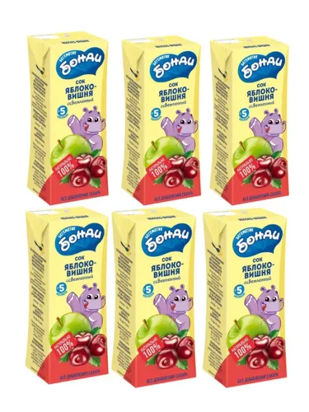 Сок осветленный яблоко-вишня, 0.2л, 6 шт Бегемотик Бонди