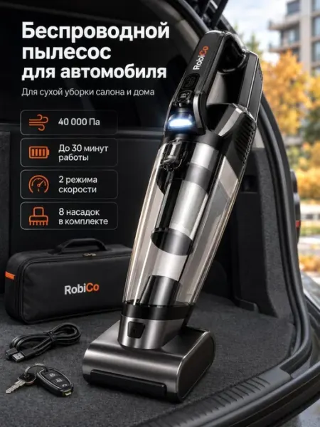 Пылесос для автомобиля беспроводной мощный на аккумуляторе Robico
