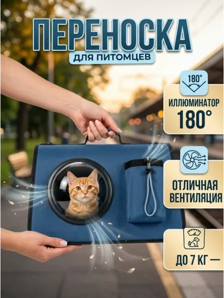Переноска для животных синяя с панорамным окном 180 NOU