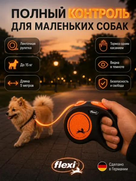 Поводок-рулетка New Neon S лента 5м 15 кг, оранжевый Flexi