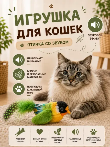 Интерактивная игрушка для кошек птичка со звуком