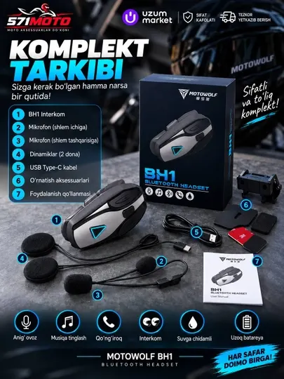 MOTOWOLF BH1 — Bluetooth-гарнитура для мотошлема - Мото-аксессуары