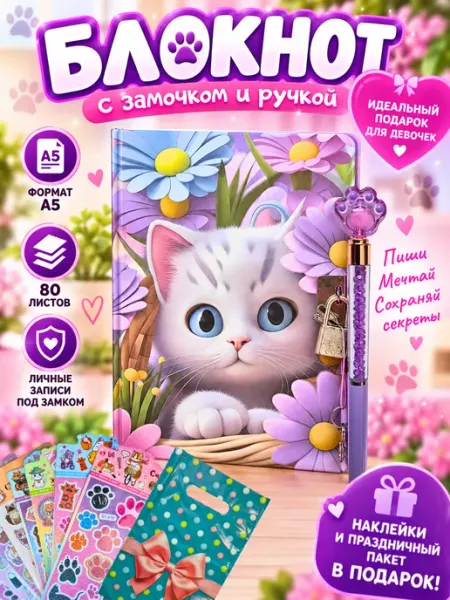Flamingos Блокнот с замочком и ручкой для девочки Котик