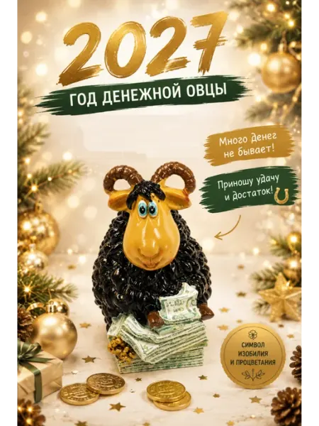 Украшение сувенир новый год 7 см Денежная овца черная Золотая сказка.