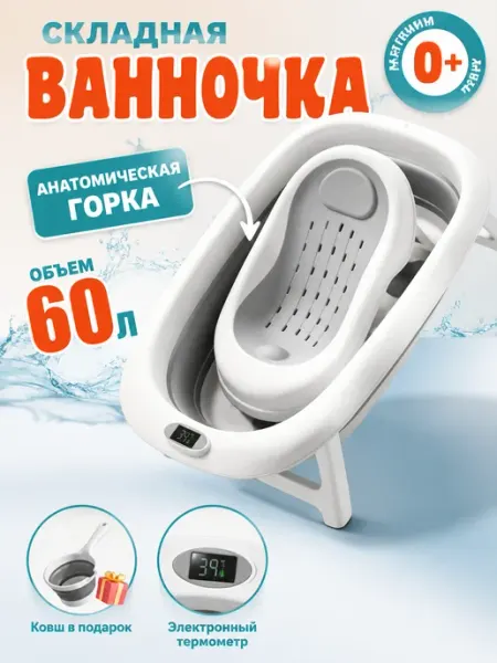 Складная детская ванночка 60 л с матрасом 0+ CANDY BABY