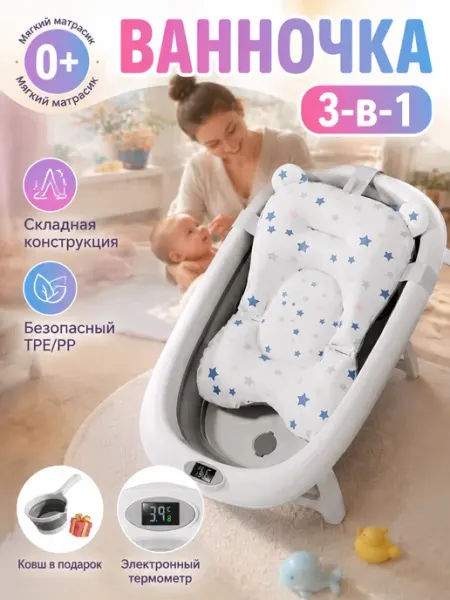 Ванночка детская складная с термометром 0+ Intime plastic